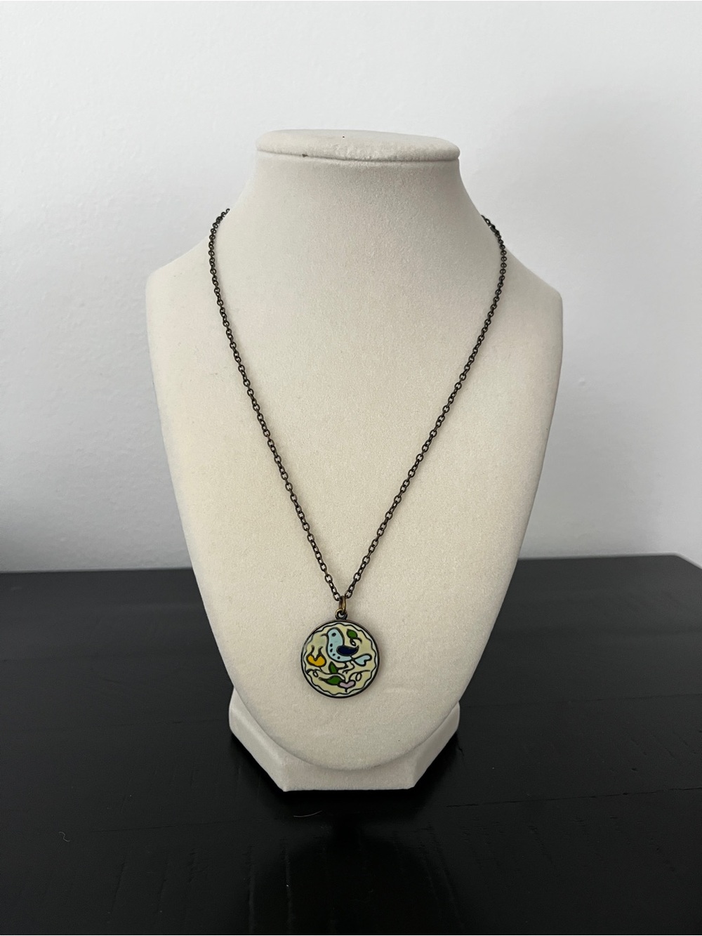 Hand-Painted Enamel Round Pendant Necklace - Green and Yellow